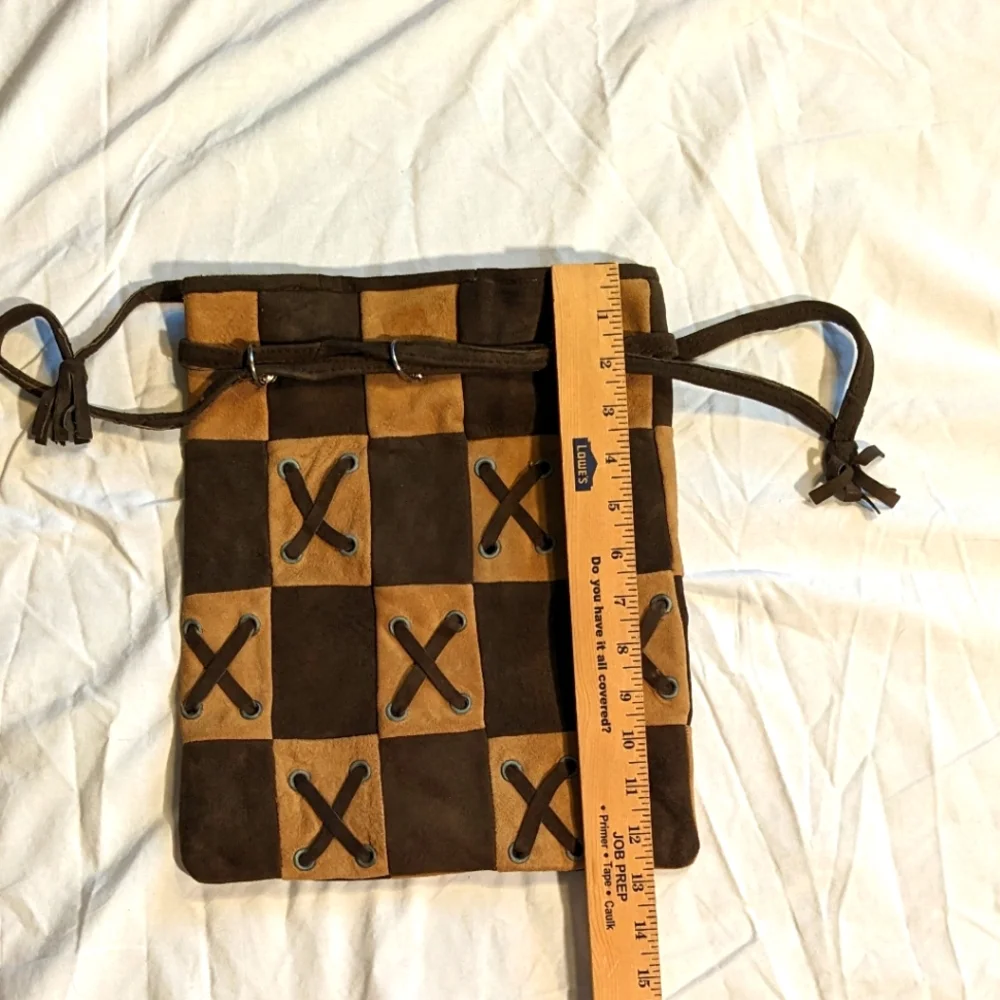 Vintage 1960's  Boho tan &‎ brown patchwork suede purse, made in Spain